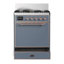 ILVE Majestic III 30-inch Dual Fuel Range with 5 Natural Gas Burner and Solid Door Electric Oven in Blue Grey with Copper Trim (UM30QNR3BGP)