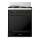ILVE Majestic III 30-inch Dual Fuel Range with 5 Natural Gas Burner and Solid Door Electric Oven in Glossy Black with Burnished Trim (UM30QNR3BKB)