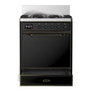 ILVE Majestic III 30-inch Dual Fuel Range with 5 Natural Gas Burner and Solid Door Electric Oven in Glossy Black with Burnished Trim (UM30QNR3BKB)