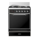 ILVE Majestic III 30-inch Dual Fuel Range with 5 Natural Gas Burner and Solid Door Electric Oven in Glossy Black with Chrome Trim (UM30QNR3BKC)