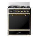 ILVE Majestic III 30-inch Dual Fuel Range with 5 Natural Gas Burner and Solid Door Electric Oven in Glossy Black with Brass Trim (UM30QNR3BKG)