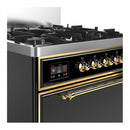 ILVE Majestic III 30-inch Dual Fuel Range with 5 Liquid Propane Burner and Solid Door Electric Oven in Glossy Black with Brass Trim (UM30QNR3BKGLP)