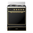 ILVE Majestic III 30-inch Dual Fuel Range with 5 Natural Gas Burner and Solid Door Electric Oven in Glossy Black with Brass Trim (UM30QNR3BKG)