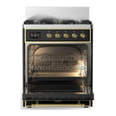 ILVE Majestic III 30-inch Dual Fuel Range with 5 Natural Gas Burner and Solid Door Electric Oven in Glossy Black with Brass Trim (UM30QNR3BKG)