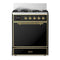 ILVE Majestic III 30-inch Dual Fuel Range with 5 Natural Gas Burner and Solid Door Electric Oven in Glossy Black with Brass Trim (UM30QNR3BKG)