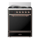 ILVE Majestic III 30-inch Dual Fuel Range with 5 Natural Gas Burner and Solid Door Electric Oven in Glossy Black with Copper Trim (UM30QNR3BKP)
