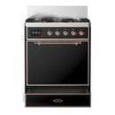 ILVE Majestic III 30-inch Dual Fuel Range with 5 Natural Gas Burner and Solid Door Electric Oven in Glossy Black with Copper Trim (UM30QNR3BKP)