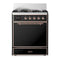 ILVE Majestic III 30-inch Dual Fuel Range with 5 Natural Gas Burner and Solid Door Electric Oven in Glossy Black with Copper Trim (UM30QNR3BKP)