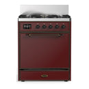 ILVE Majestic III 30-inch Dual Fuel Range with 5 Natural Gas Burner and Solid Door Electric Oven in Burgundy with Burnished Trim (UM30QNR3BUB)