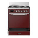 ILVE Majestic III 30-inch Dual Fuel Range with 5 Natural Gas Burner and Solid Door Electric Oven in Burgundy with Chrome Trim (UM30QNR3BUC)