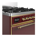 ILVE Majestic III 30-inch Dual Fuel Range with 5 Natural Gas Burner and Solid Door Electric Oven in Burgundy with Brass Trim (UM30QNR3BUG)