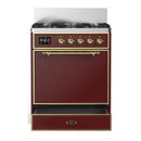 ILVE Majestic III 30-inch Dual Fuel Range with 5 Natural Gas Burner and Solid Door Electric Oven in Burgundy with Brass Trim (UM30QNR3BUG)