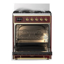 ILVE Majestic III 30-inch Dual Fuel Range with 5 Natural Gas Burner and Solid Door Electric Oven in Burgundy with Brass Trim (UM30QNR3BUG)