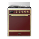 ILVE Majestic III 30-inch Dual Fuel Range with 5 Liquid Propane Burner and Solid Door Electric Oven in Burgundy with Brass Trim (UM30QNR3BUGLP)