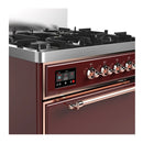 ILVE Majestic III 30-inch Dual Fuel Range with 5 Natural Gas Burner and Solid Door Electric Oven in Burgundy with Copper Trim (UM30QNR3BUP)