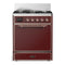 ILVE Majestic III 30-inch Dual Fuel Range with 5 Natural Gas Burner and Solid Door Electric Oven in Burgundy with Copper Trim (UM30QNR3BUP)