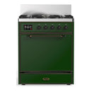 ILVE Majestic III 30-inch Dual Fuel Range with 5 Natural Gas Burner and Solid Door Electric Oven in Emerald Green with Burnished Trim (UM30QNR3EGB)