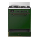 ILVE Majestic III 30-inch Dual Fuel Range with 5 Natural Gas Burner and Solid Door Electric Oven in Emerald Green with Burnished Trim (UM30QNR3EGB)