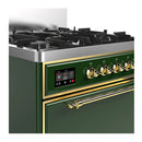 ILVE Majestic III 30-inch Dual Fuel Range with 5 Liquid Propane Burner and Solid Door Electric Oven in Emerald Green with Brass Trim (UM30QNR3EGGLP)