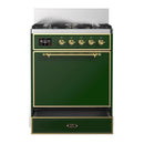 ILVE Majestic III 30-inch Dual Fuel Range with 5 Natural Gas Burner and Solid Door Electric Oven in Emerald Green with Brass Trim (UM30QNR3EGG)