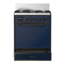 ILVE Majestic III 30-inch Dual Fuel Range with 5 Natural Gas Burner and Solid Door Electric Oven in Midnight Blue with Burnished Trim (UM30QNR3MBB)