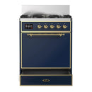 ILVE Majestic III 30-inch Dual Fuel Range with 5 Natural Gas Burner and Solid Door Electric Oven in Blue Grey with Brass Trim (UM30QNR3MBG)