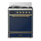 ILVE Majestic III 30-inch Dual Fuel Range with 5 Natural Gas Burner and Solid Door Electric Oven in Blue Grey with Brass Trim (UM30QNR3MBG)