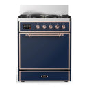 ILVE Majestic III 30-inch Dual Fuel Range with 5 Natural Gas Burner and Solid Door Electric Oven in Midnight Blue with Copper Trim (UM30QNR3MBP)