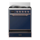 ILVE Majestic III 30-inch Dual Fuel Range with 5 Natural Gas Burner and Solid Door Electric Oven in Midnight Blue with Copper Trim (UM30QNR3MBP)