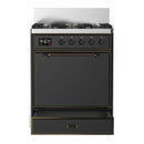 ILVE Majestic III 30-inch Dual Fuel Range with 5 Natural Gas Burner and Solid Door Electric Oven in Graphite Matte with Burnished Trim (UM30QNR3MGB)
