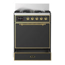 ILVE Majestic III 30-inch Dual Fuel Range with 5 Natural Gas Burner and Solid Door Electric Oven in Graphite Matte with Brass Trim (UM30QNR3MGG)