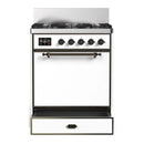 ILVE Majestic III 30-inch Dual Fuel Range with 5 Natural Gas Burner and Solid Door Electric Oven in White with Burnished Trim (UM30QNR3WHB)