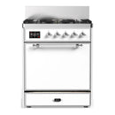 ILVE Majestic III 30-inch Dual Fuel Range with 5 Natural Gas Burner and Solid Door Electric Oven in White with Chrome Trim (UM30QNR3WHC)