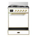 ILVE Majestic III 30-inch Dual Fuel Range with 5 Natural Gas Burner and Solid Door Electric Oven in White with Brass Trim (UM30QNR3WHG)