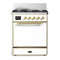 ILVE Majestic III 30-inch Dual Fuel Range with 5 Natural Gas Burner and Solid Door Electric Oven in White with Brass Trim (UM30QNR3WHG)