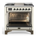 ILVE Majestic III 36-inch Dual Fuel Range with 6 Natural Gas Burner, Griddle and Triple Glass Door Electric Oven in Antique White with Burnished Trim (UM36FNR3AWB)