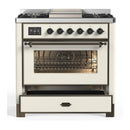 ILVE Majestic III 36-inch Dual Fuel Range with 6 Natural Gas Burner, Griddle and Triple Glass Door Electric Oven in Antique White with Burnished Trim (UM36FNR3AWB)