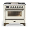 ILVE Majestic III 36-inch Dual Fuel Range with 6 Natural Gas Burner, Griddle and Triple Glass Door Electric Oven in Antique White with Burnished Trim (UM36FNR3AWB)
