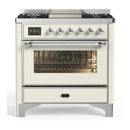 ILVE Majestic III 36-inch Dual Fuel Range with 6 Natural Gas Burner, Griddle and Triple Glass Door Electric Oven in Antique White with Chrome Trim (UM36FNR3AWC)