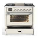 ILVE Majestic III 36-inch Dual Fuel Range with 6 Natural Gas Burner, Griddle and Triple Glass Door Electric Oven in Antique White with Chrome Trim (UM36FNR3AWC)