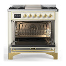 ILVE Majestic III 36-inch Dual Fuel Range with 6 Natural Gas Burner, Griddle and Triple Glass Door Electric Oven in Antique White with Brass Trim (UM36FNR3AWG)