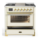 ILVE Majestic III 36-inch Dual Fuel Range with 6 Natural Gas Burner, Griddle and Triple Glass Door Electric Oven in Antique White with Brass Trim (UM36FNR3AWG)