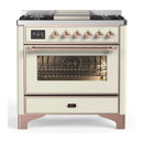 ILVE Majestic III 36-inch Dual Fuel Range with 6 Natural Gas Burner, Griddle and Triple Glass Door Electric Oven in Antique White with Copper Trim (UM36FNR3AWP)