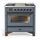 ILVE Majestic III 36-inch Dual Fuel Range with 6 Natural Gas Burner, Griddle and Triple Glass Door Electric Oven in Blue Grey with Burnished Trim (UM36FNR3BGB)