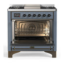 ILVE Majestic III 36-inch Dual Fuel Range with 6 Natural Gas Burner, Griddle and Triple Glass Door Electric Oven in Blue Grey with Burnished Trim (UM36FNR3BGB)