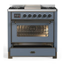 ILVE Majestic III 36-inch Dual Fuel Range with 6 Natural Gas Burner, Griddle and Triple Glass Door Electric Oven in Blue Grey with Burnished Trim (UM36FNR3BGB)