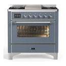ILVE Majestic III 36-inch Dual Fuel Range with 6 Natural Gas Burner, Griddle and Triple Glass Door Electric Oven in Blue Grey with Chrome Trim (UM36FNR3BGC)