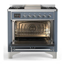 ILVE Majestic III 36-inch Dual Fuel Range with 6 Natural Gas Burner, Griddle and Triple Glass Door Electric Oven in Blue Grey with Chrome Trim (UM36FNR3BGC)