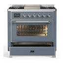 ILVE Majestic III 36-inch Dual Fuel Range with 6 Natural Gas Burner, Griddle and Triple Glass Door Electric Oven in Blue Grey with Chrome Trim (UM36FNR3BGC)