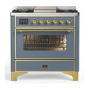 ILVE Majestic III 36-inch Dual Fuel Range with 6 Natural Gas Burner, Griddle and Triple Glass Door Electric Oven in Blue Grey with Brass Trim (UM36FNR3BGG)